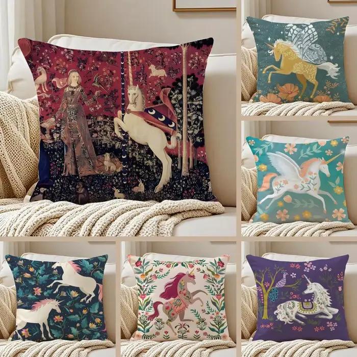 Housse de coussin licorne médiévale, art fantastique mystique, anti-acariens, fermeture éclair invisible, coussin de canapé en peluche courte