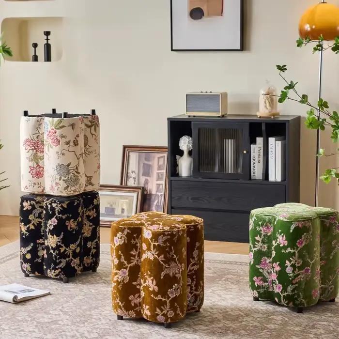 Pouf de rangement vintage en velours à motif floral en forme de trèfle