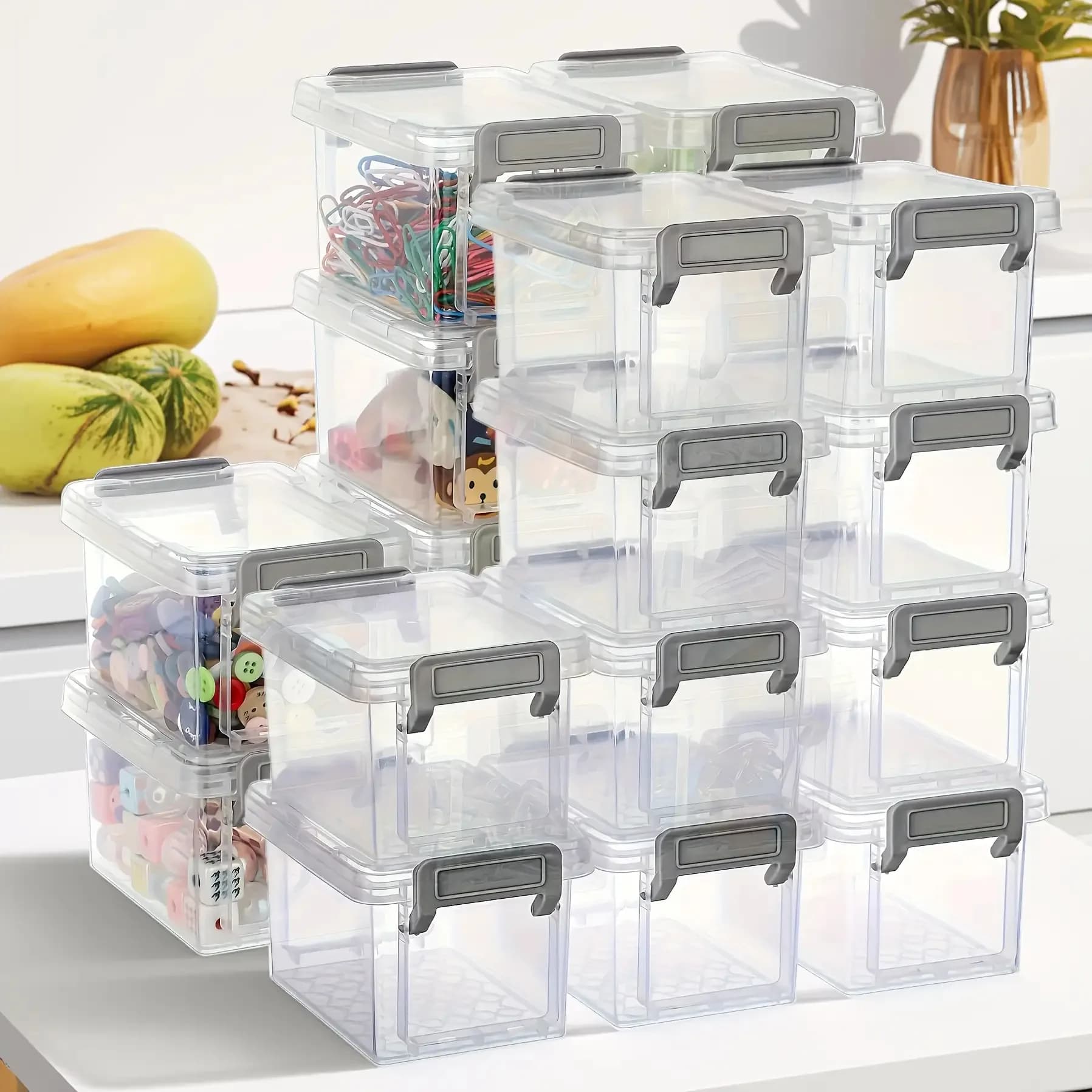 10 boîtes de rangement en plastique transparent avec fermoir gris, petits bacs organisateurs empilab