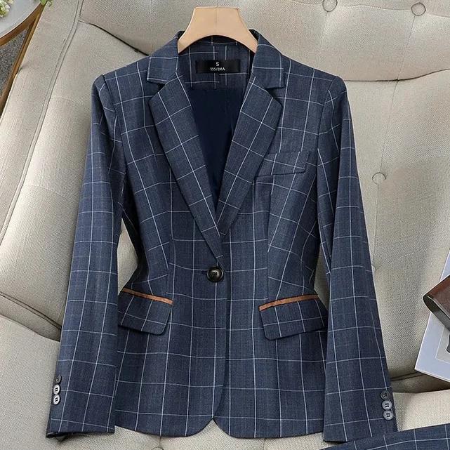 Costumes pantalons à carreaux abricot pour femmes, blazer de style britannique, à la mode, haut de g