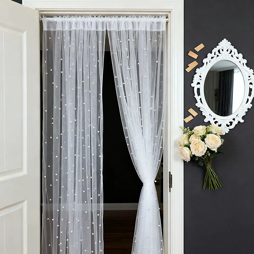 2 rideaux romantiques en tulle blanc perlé avec poche pour tringle en haut, adaptés aux mariages, au