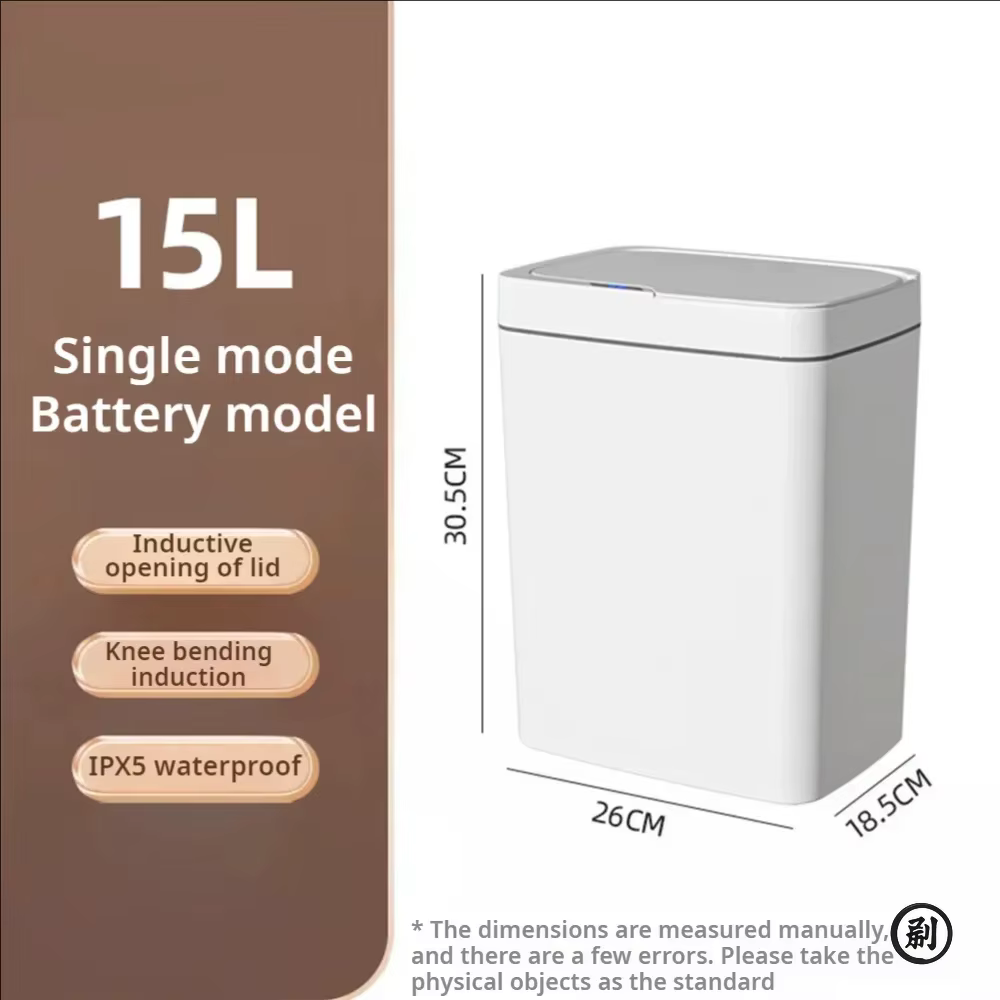 Poubelle blanche à capteur intelligent sans contact de 15 L – Poubelle de salle de bain électronique