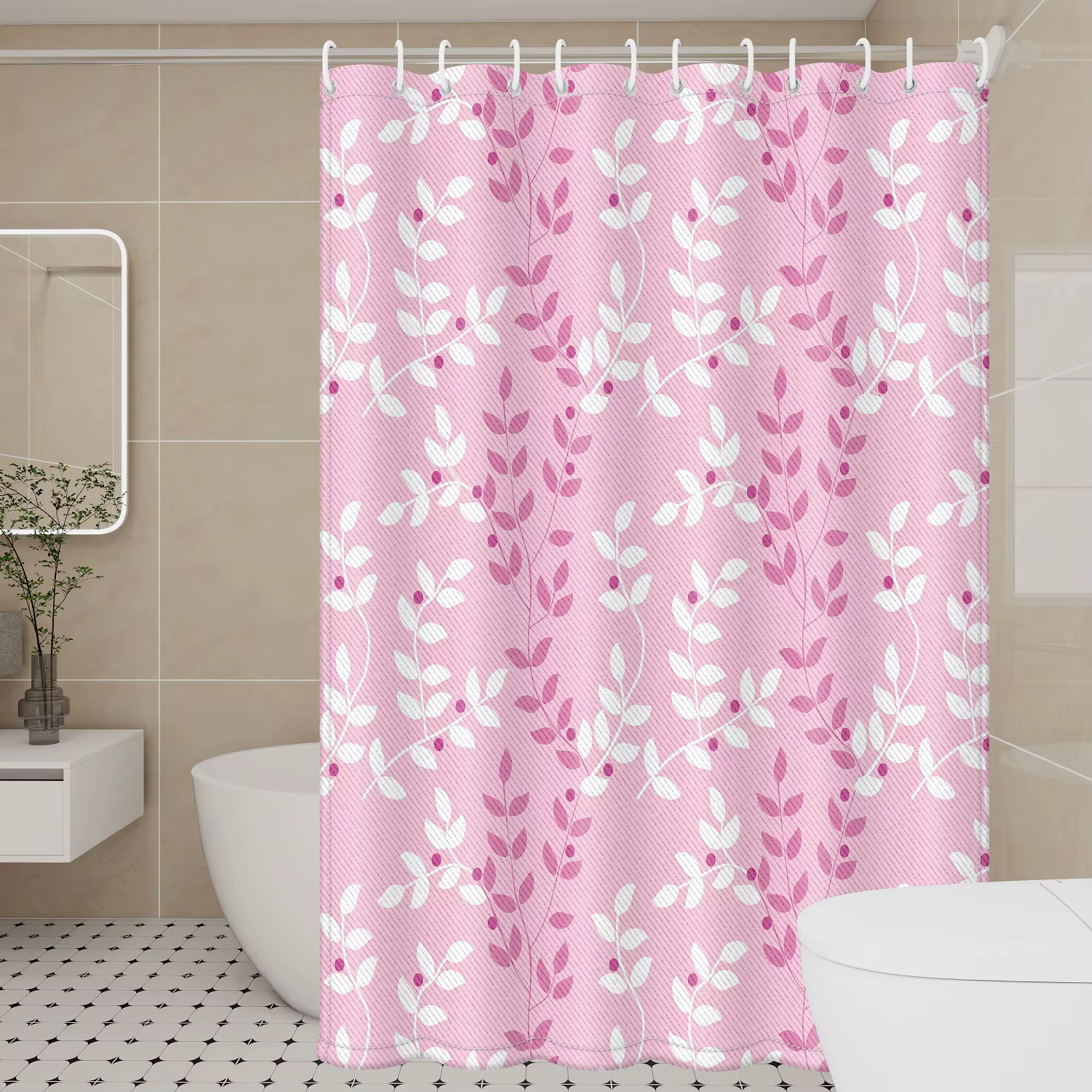 Rideau de douche à feuillage rose pastel - Tissu durable féminin pour vibrations fraîches