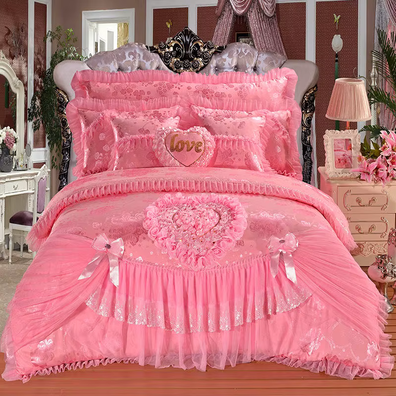Ensemble de literie en coton satin jacquard rouge, housse de couette en dentelle en forme de coeur d