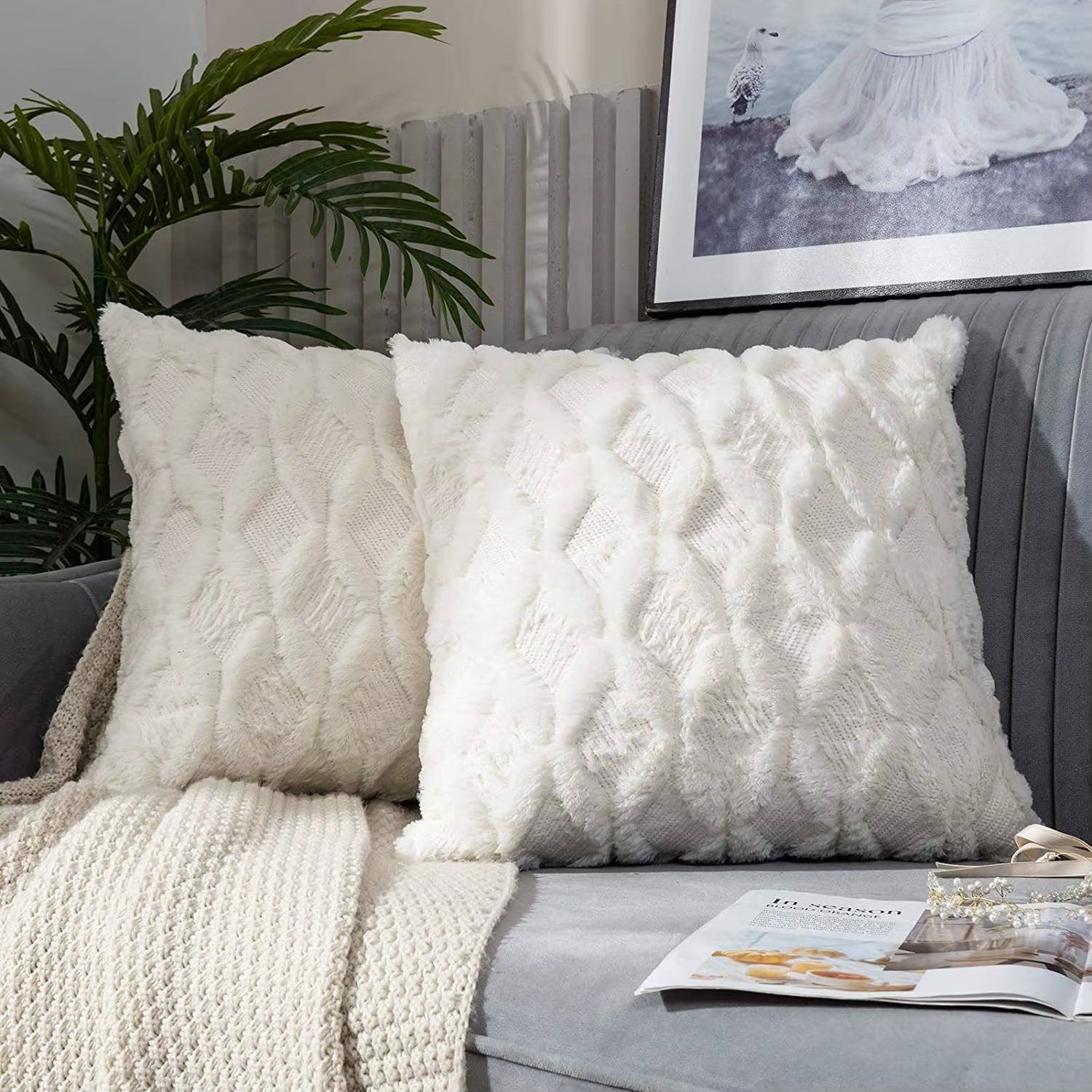 Doux Peluche Laine Courte Velours Décoratif Housses de Coussin Luxe Style pour canapé Chambre Beige 