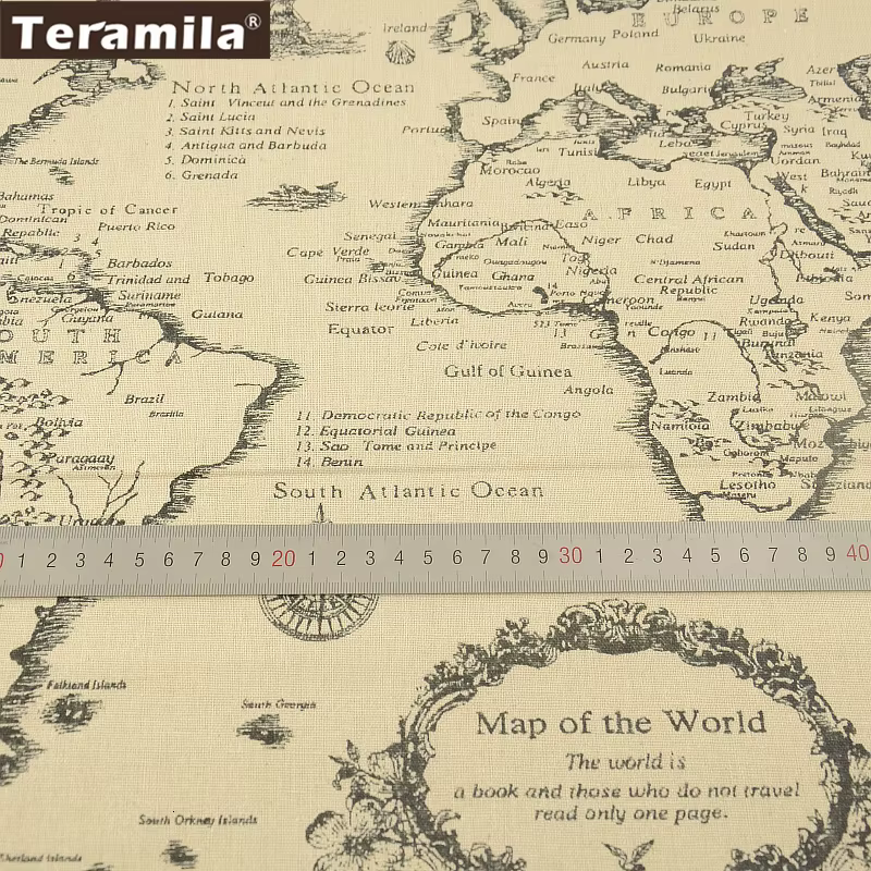 Tissu en toile de lin Map of the Word TERAMILA pour textile de maison, matériel de couture, nappe, o