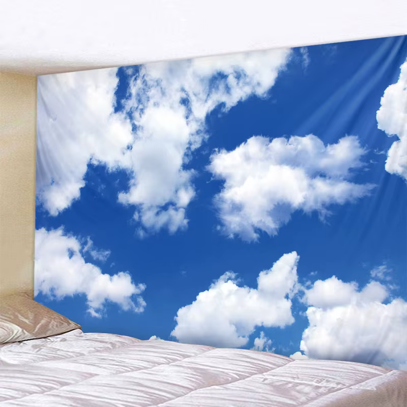 Tapisserie murale Ciel bleu et nuages blancs, toile de fond hippie pour chambre, décoration bohème p