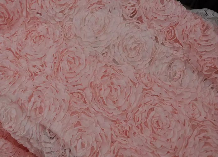 Tissu de rideau en mousseline de soie rose et blanc, brocart en dentelle