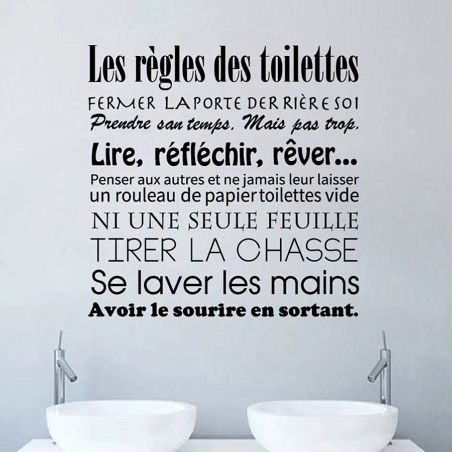 Autocollants muraux de règles de salle de bains française, règles de toilettes françaises, sparadrap
