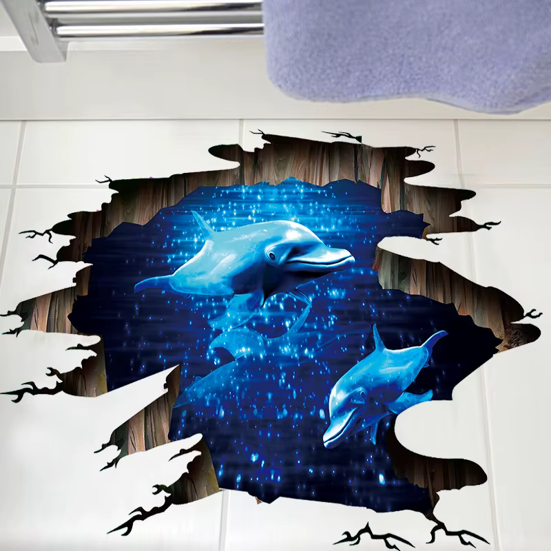 Autocollant de sol 3D bleu foncé motif dauphin, décoration murale pour salle de bain et salon, stick