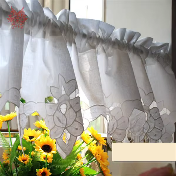 Demi-rideau en dentelle brodée florale en coton blanc, rideau de baie vitrée pour café, cuisine, sal