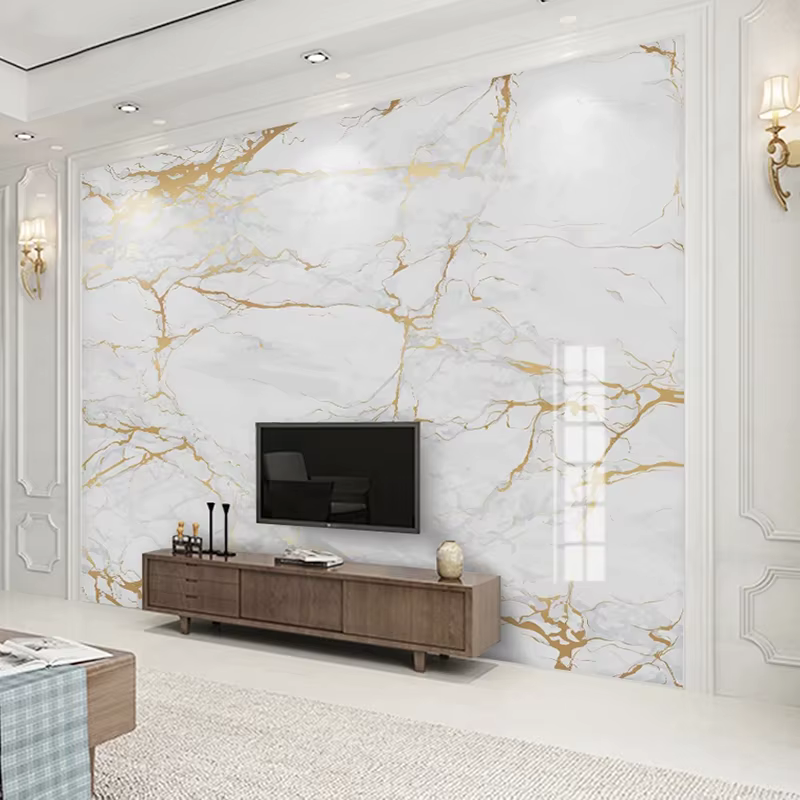 Papier peint Mural moderne en marbre blanc, personnalisé, de toutes tailles, ligne dorée, peinture m