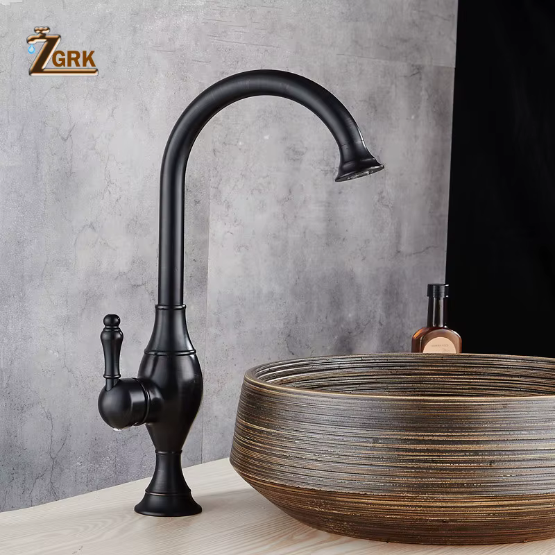 ZGRK-Robinets de cuisine rétro en bronze noir frotté à l'huile, bec à percussion, poignée unique, la