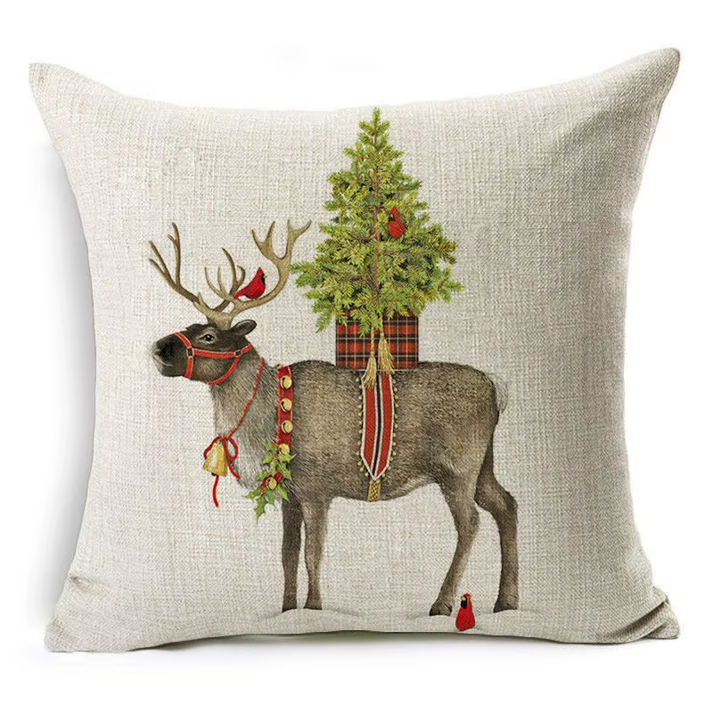 Housse de coussin décorative de noël, taie d'oreiller en lin, dessin animé de père noël, Elk, décora