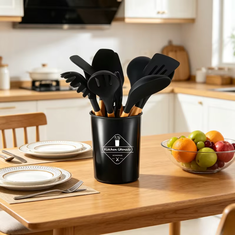 Ensemble d'ustensiles de cuisine en silicone antiadhésif, 12 pièces, avec manches en bois, gadgets d