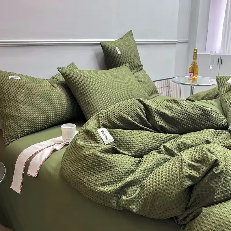 Ensemble de literie de luxe en coton gaufré lavable léger, housse de couette vert olive, drap de lit