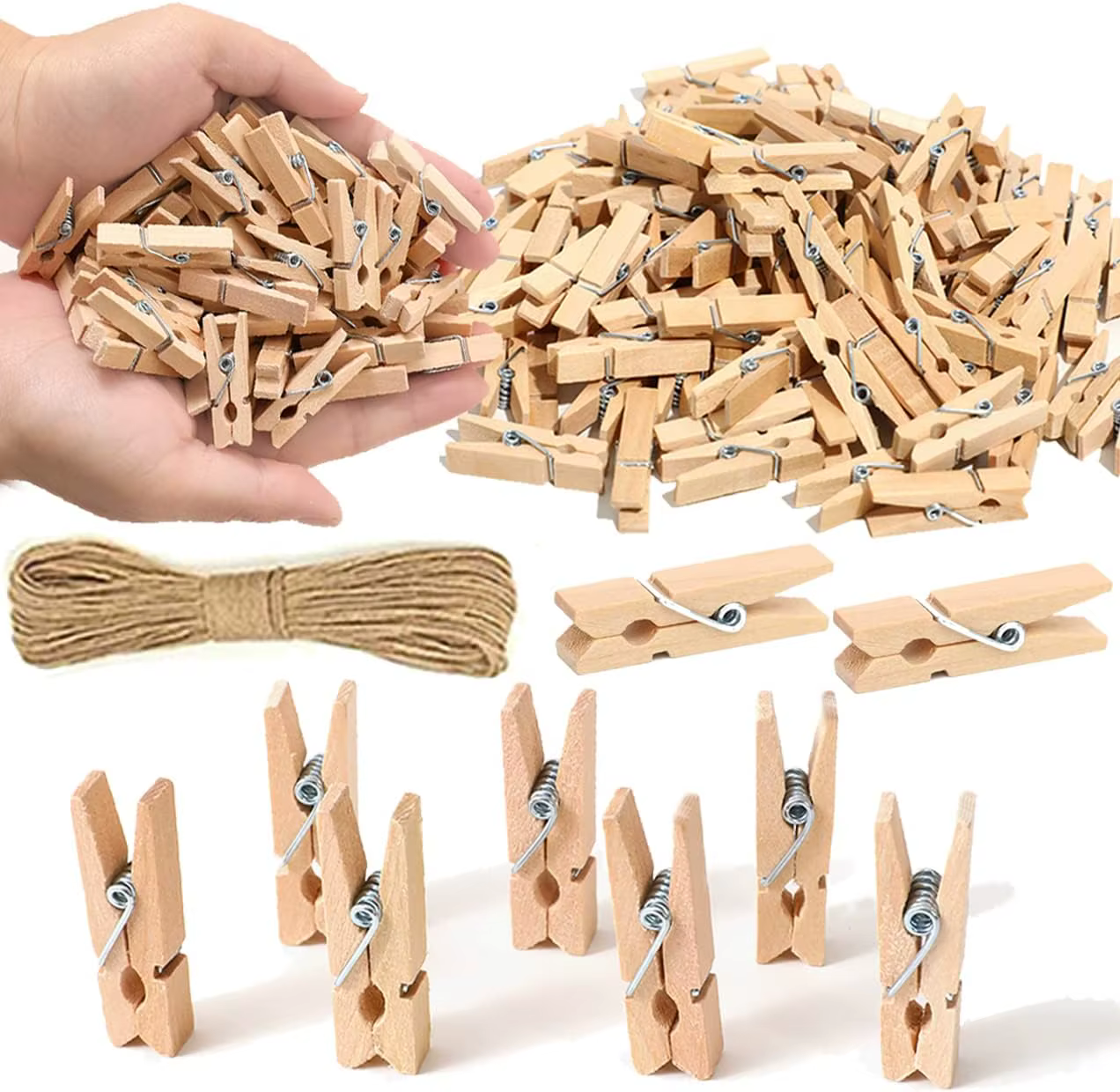 Mini pinces à linge en bois 10/20/50, petites pinces artisanales en bois de 1 pouce, corde de chanvr