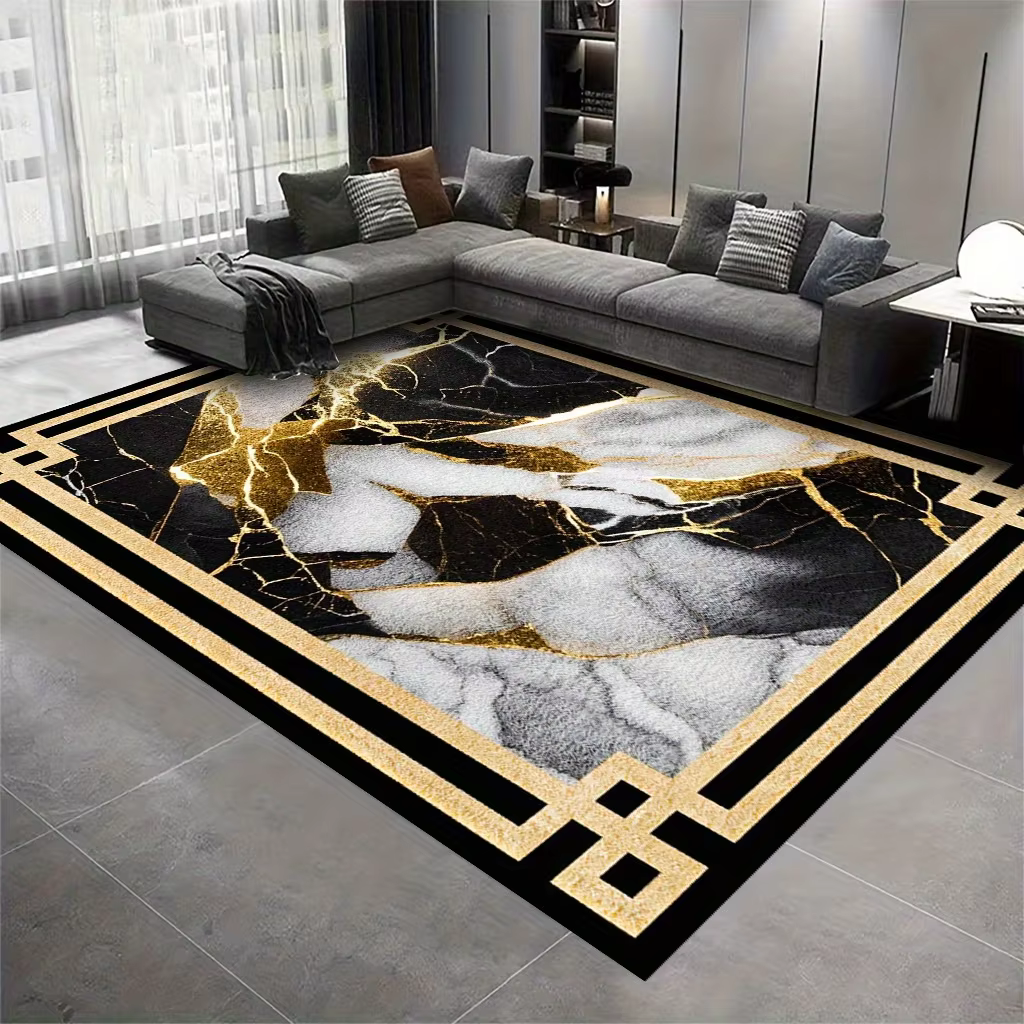 Tapis de luxe noir et or en marbre, tapis de sol moderne à motif géométrique clé grecque, tapis abst