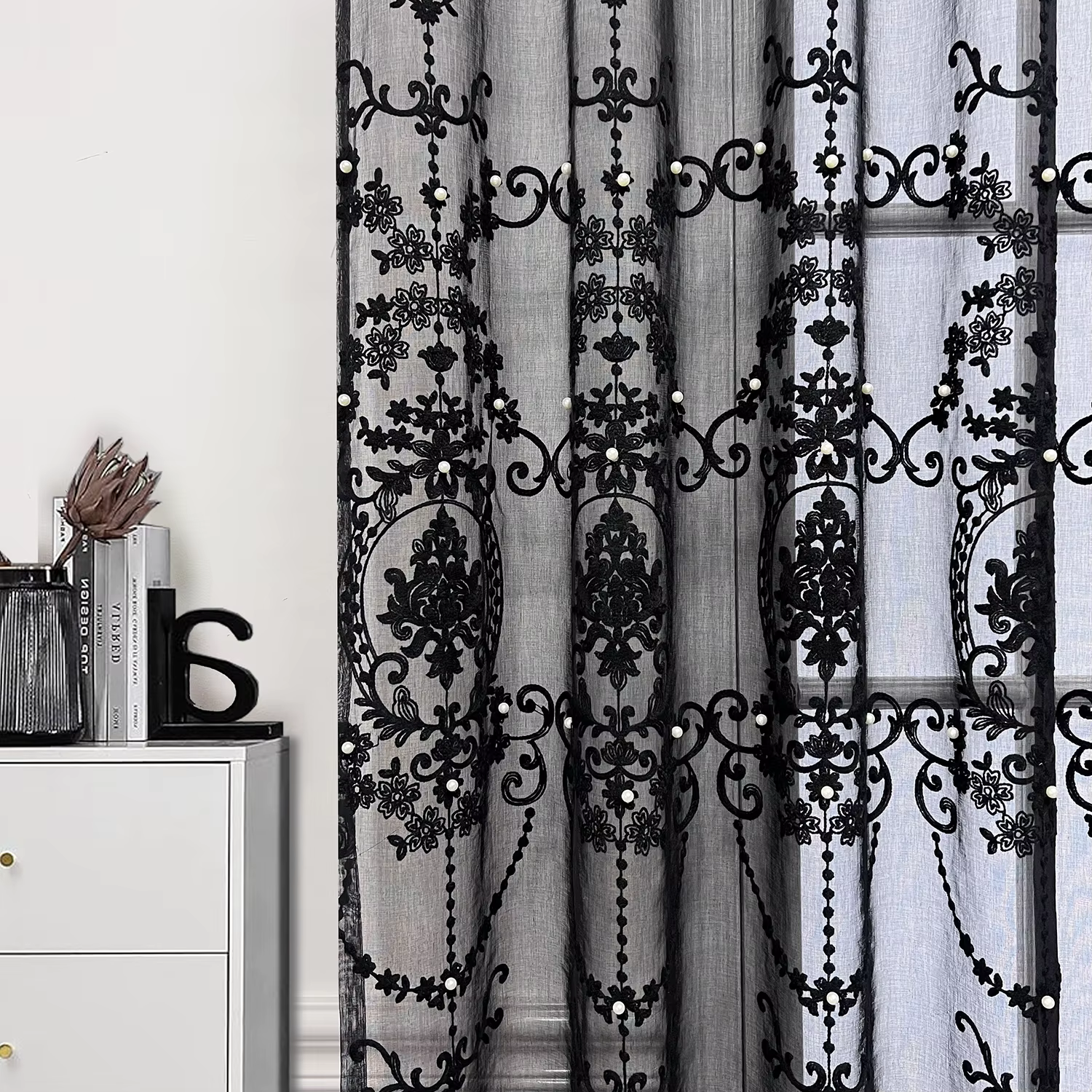 Rideau transparent noir brodé de perles en dentelle de luxe européen, pour salon, mode nordique géom