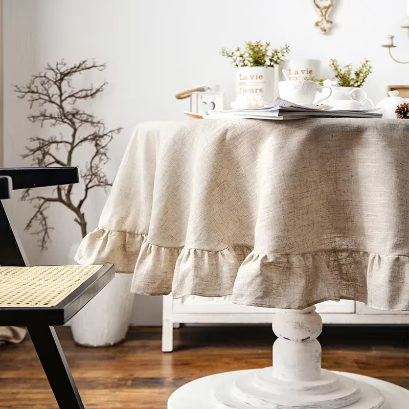 Nappe en lin de coton à volants, couverture de table ronde américaine, nappe simple, décoration de f