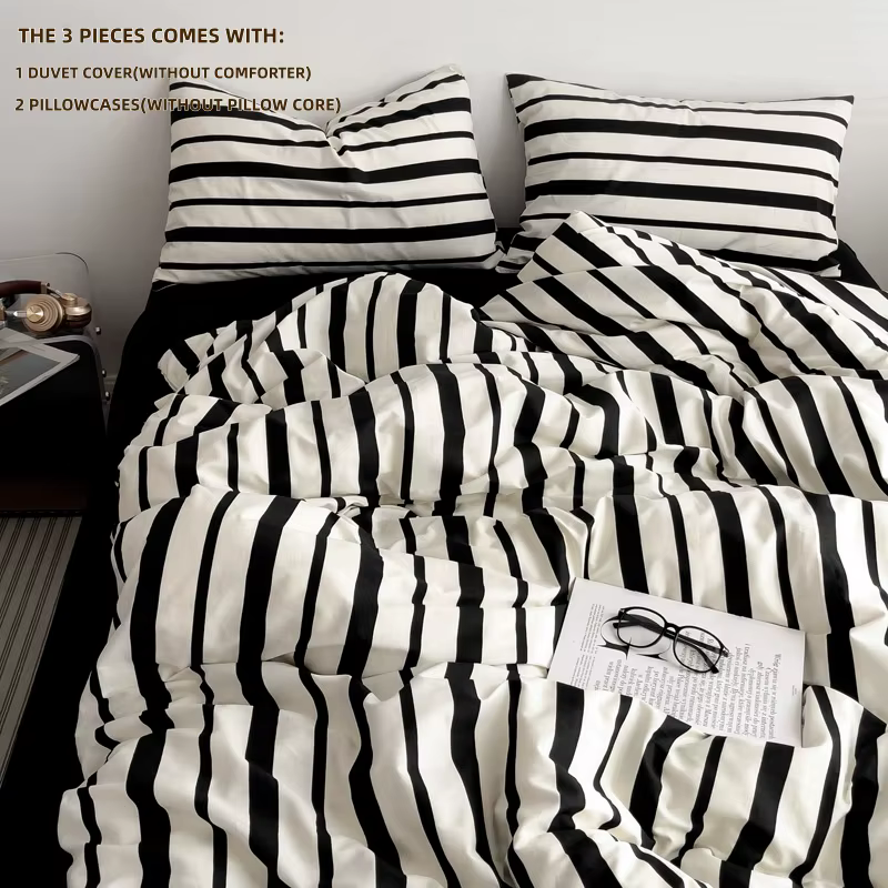 Ensemble de housse de couette à rayures noires et blanches, 3 pièces (1 housse de couette + 2 taies 