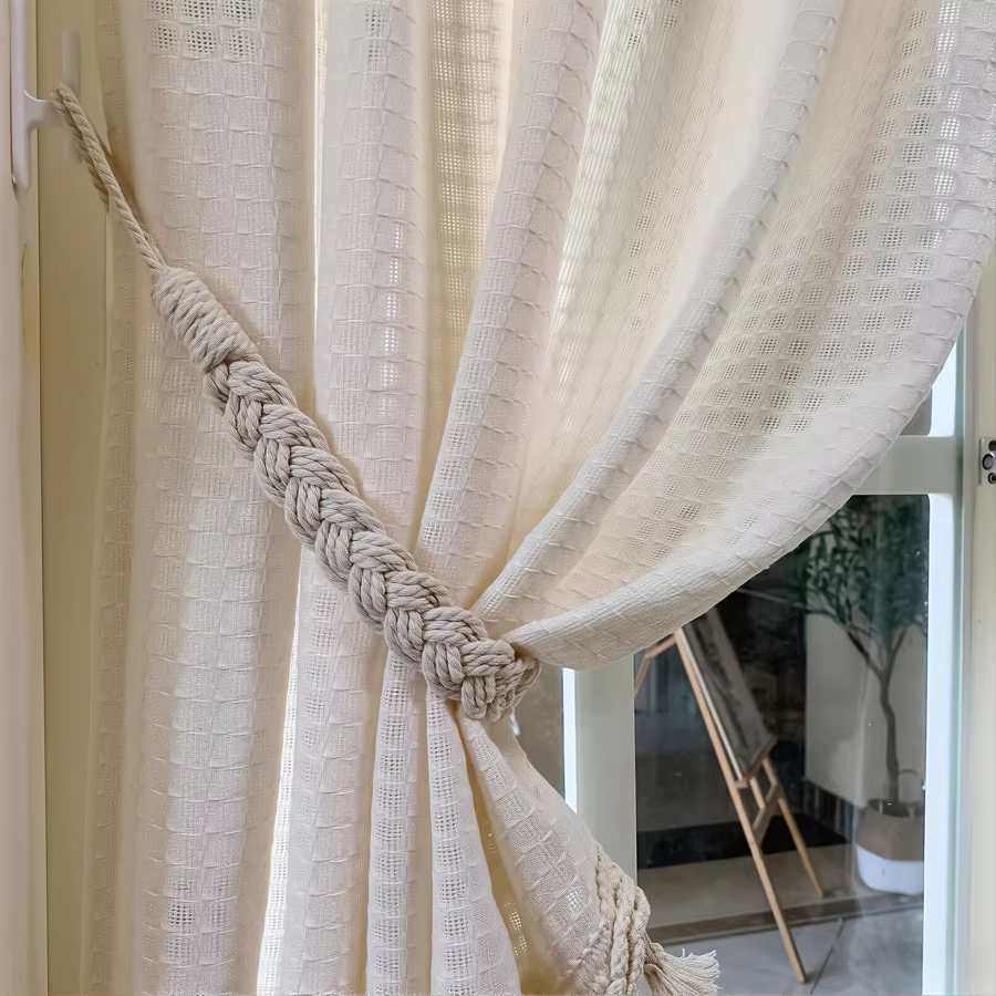 2 attaches de rideaux bohèmes en macramé, en corde de coton tressée à la main avec pompons, sans per