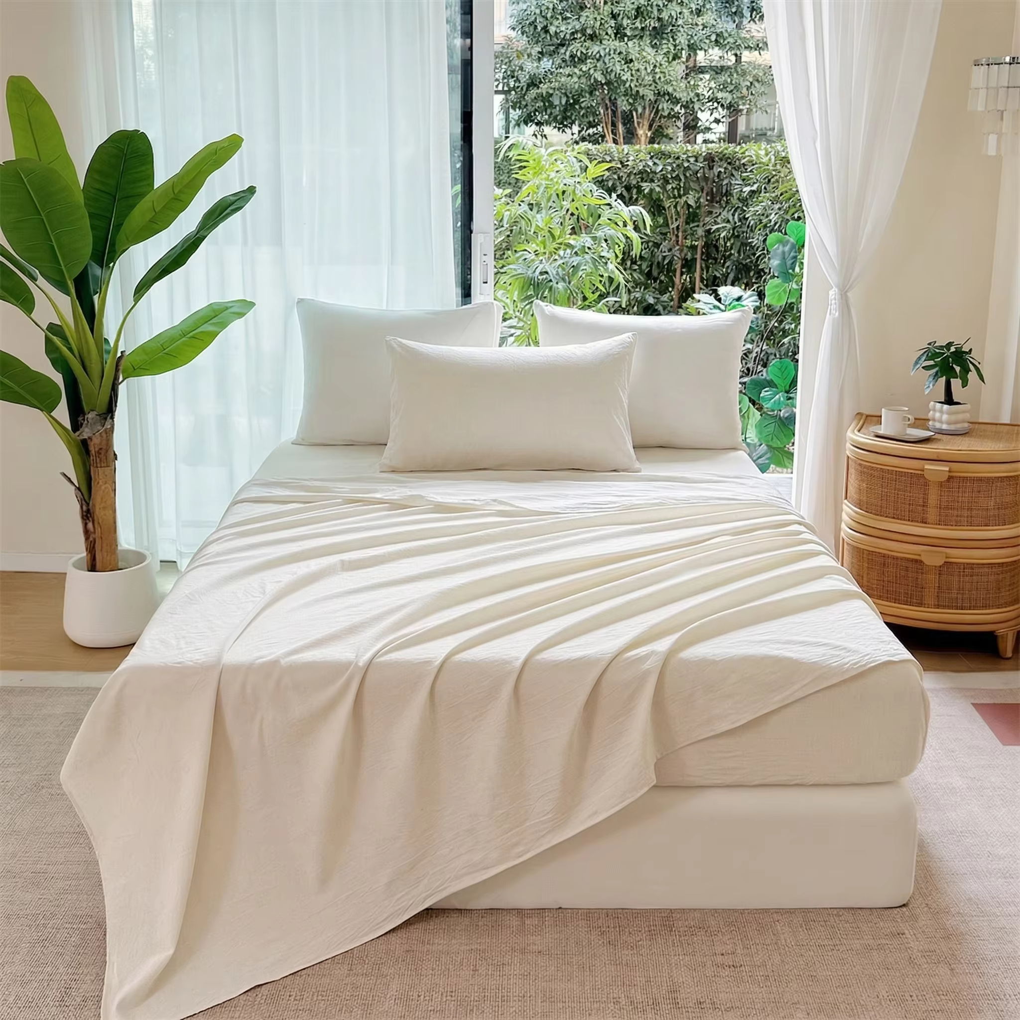 Ensemble de 3 draps en lin (1 drap plat + 1 drap-housse + 1 taie d'oreiller) Convient à toutes les s