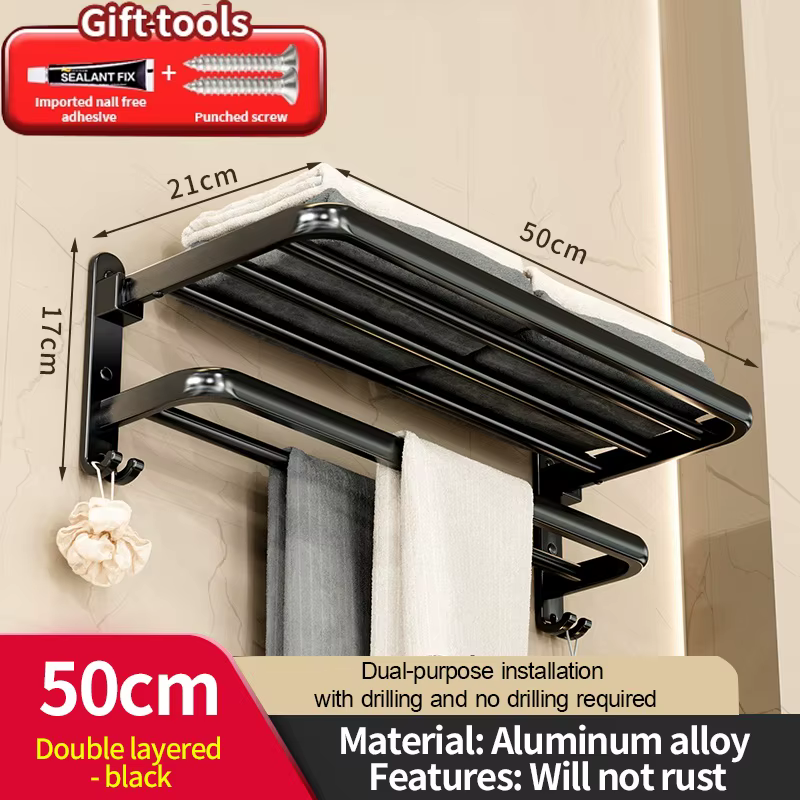 Porte-serviettes mural pliable noir pour salle de bain, pas besoin de perçage, rangement de salle de