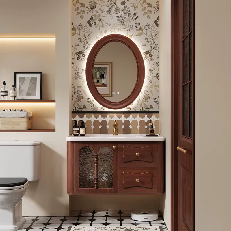 Évier en bois meuble de salle de bain coin flottant naturel Vintage armoires de salle de bain miroir
