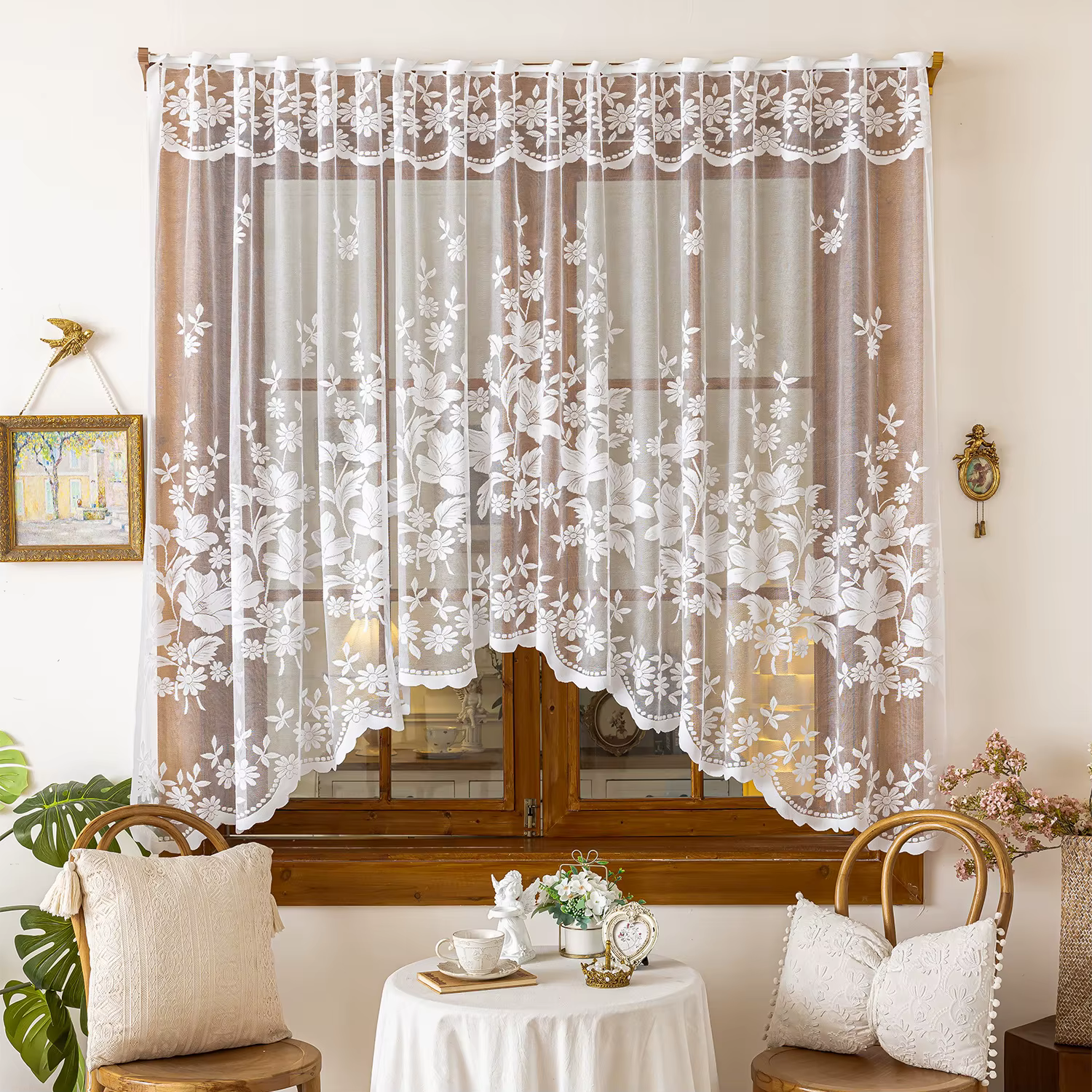 Rideau transparent en dentelle blanche rétro, Triangle brodé de fleurs, pour cuisine, petite fenêtre