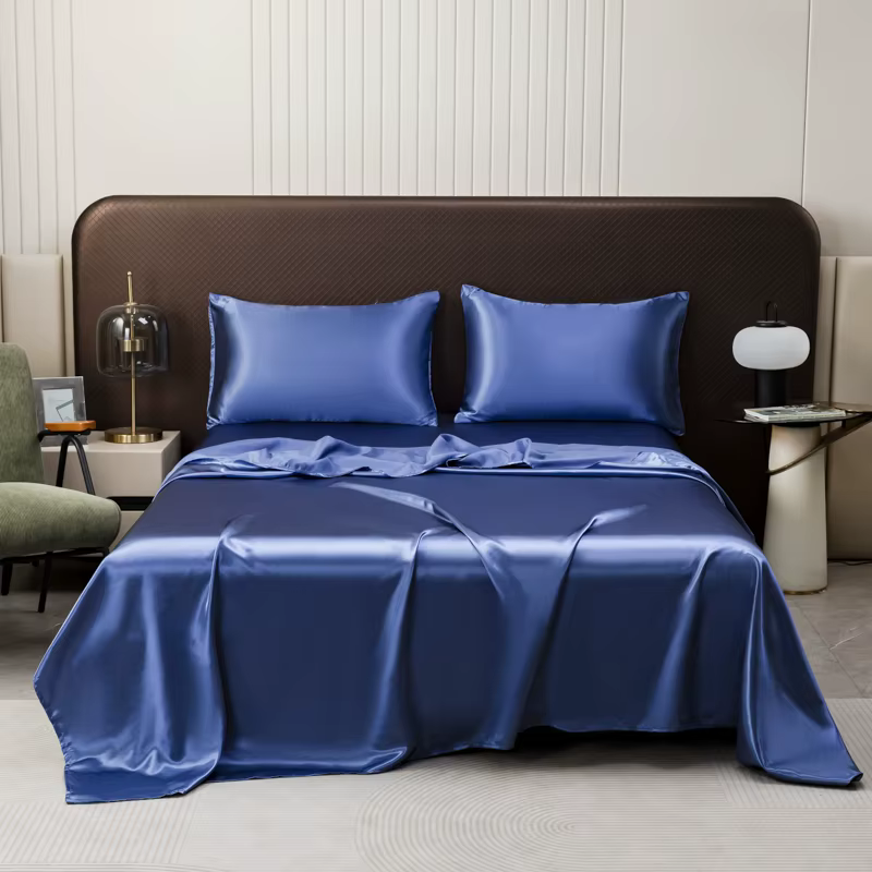 Drap de lit en soie satinée avec taie d'oreiller, draps double/plein/Queen/King, draps plats de coul