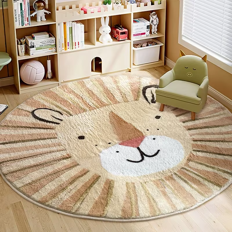 Tapis rond à motif de lion, décor de chambre à coucher de Style dessin animé, mignon pour salon, tap