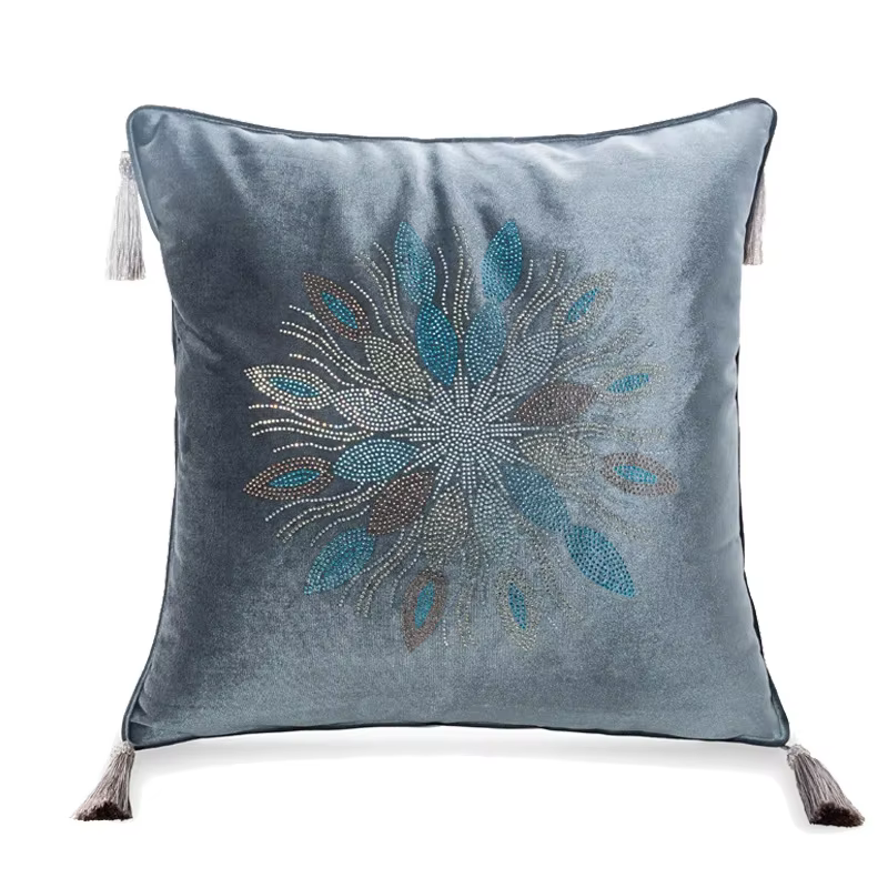 Housse de coussin de canapé en velours européen, perçage à chaud, fleur, pompon, décoration de maiso