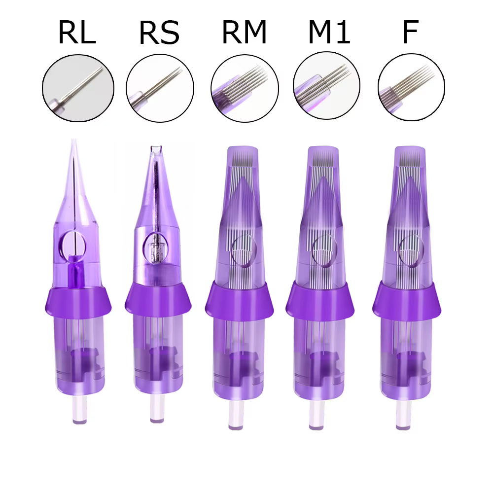 Aiguilles de cartouche professionnelles pour machine à tatouer, couleur violette, pointues RL/RS/RM/