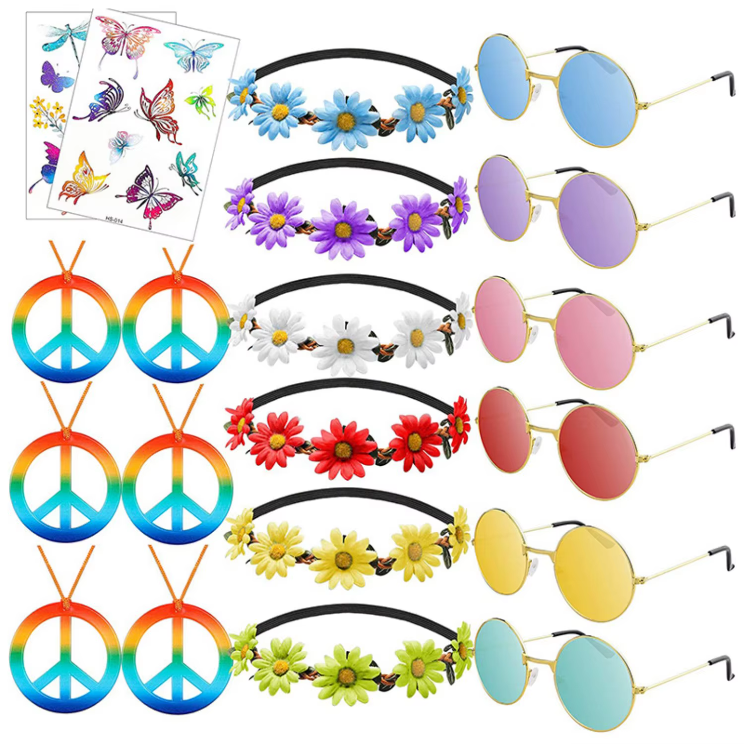 Kit de déguisement sur le thème hippie, couronnes de fleurs, lunettes de soleil, colliers, autocolla