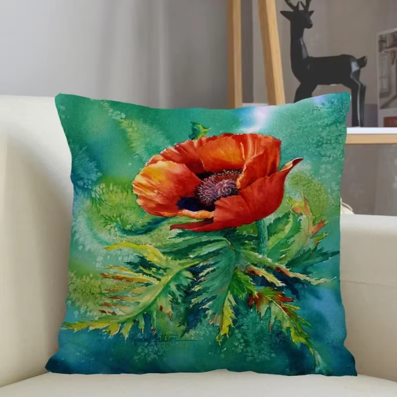 Taie d'oreiller carrée coquelicot personnalisée, décoration d'intérieur, chambre à coucher, salon, j