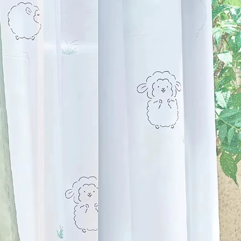 Rideaux Occultants en Chenille Épaisse avec Broderie d'Agneau Vert pour Chambre d'Enfant, Fenêtre de