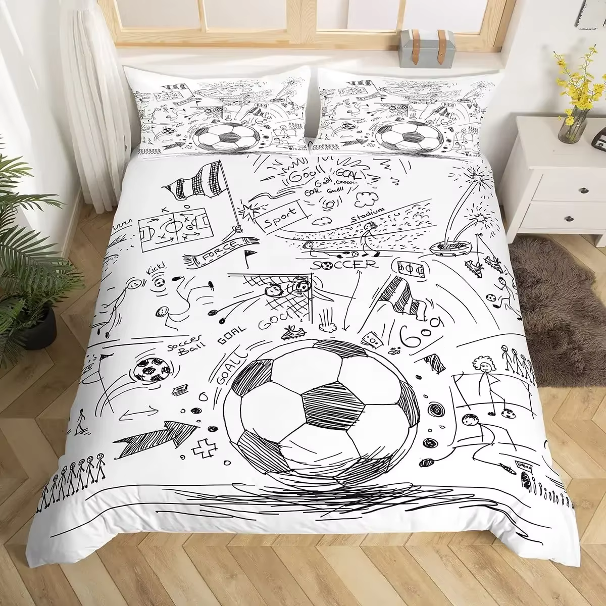 Ensemble de housse de couette de Football, croquis dessinés à la main, ensemble de literie de sport 