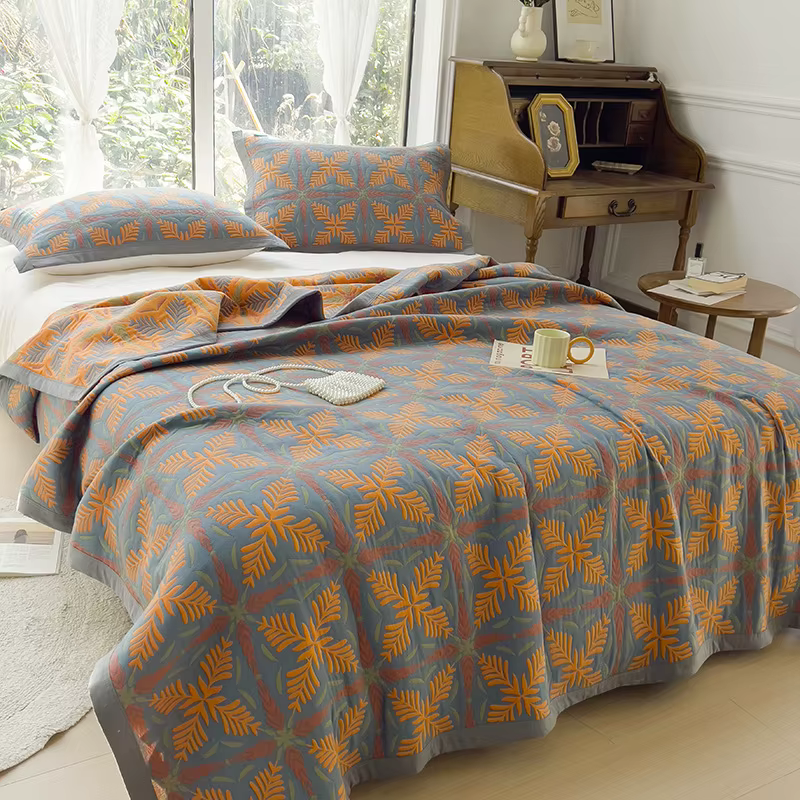 Couverture de lit en gaze jacquard teinte en fil de pur coton, trois couches, adaptée à toutes les s