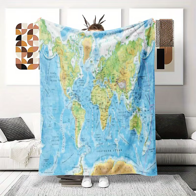 Couverture en flanelle imprimée carte du monde, douce, toutes saisons, cadeau de géographie éducativ