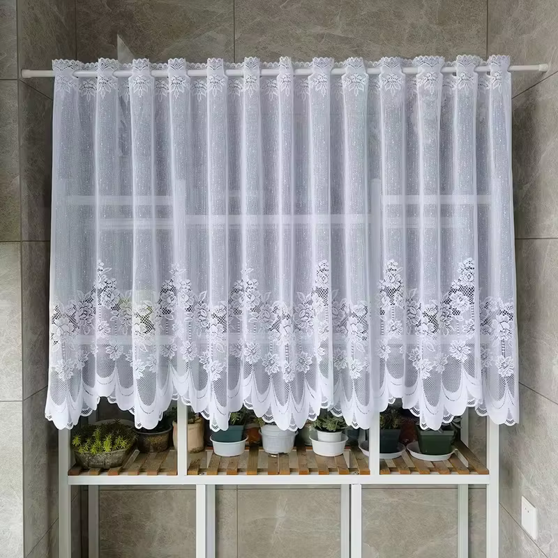 Tringle à rideau en dentelle brodée florale, cantonnière courte transparente de poche, couverture d'