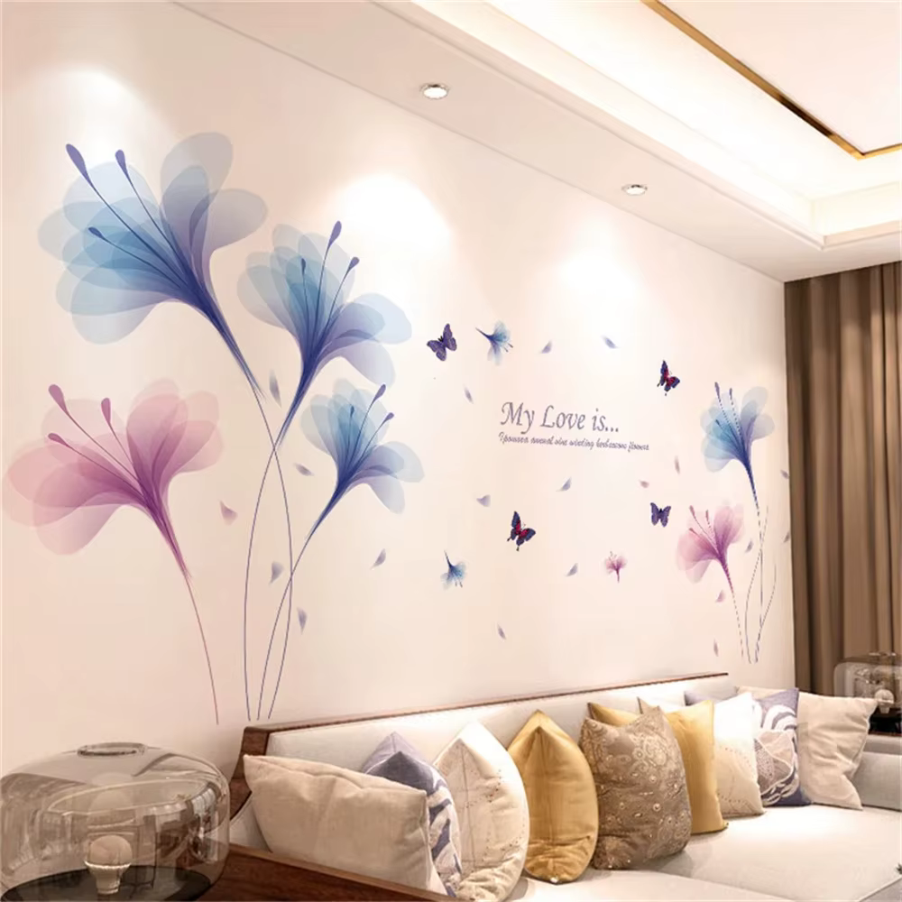 Autocollants muraux de fond de fleur de salon, autocollants de décoration murale de chambre à couche