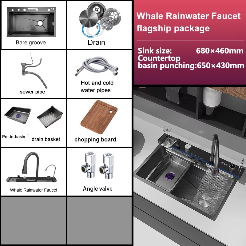 Évier de cuisine en acier inoxydable, grande taille, fente unique avec poubelle et égouttoir, lavabo