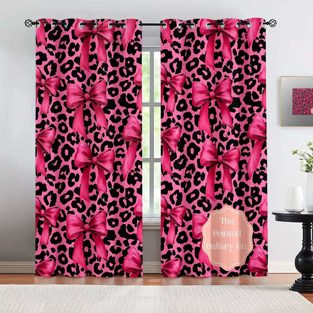 2 panneaux de rideaux occultants imprimés en satin rose léopard avec nœuds, impression numérique, po