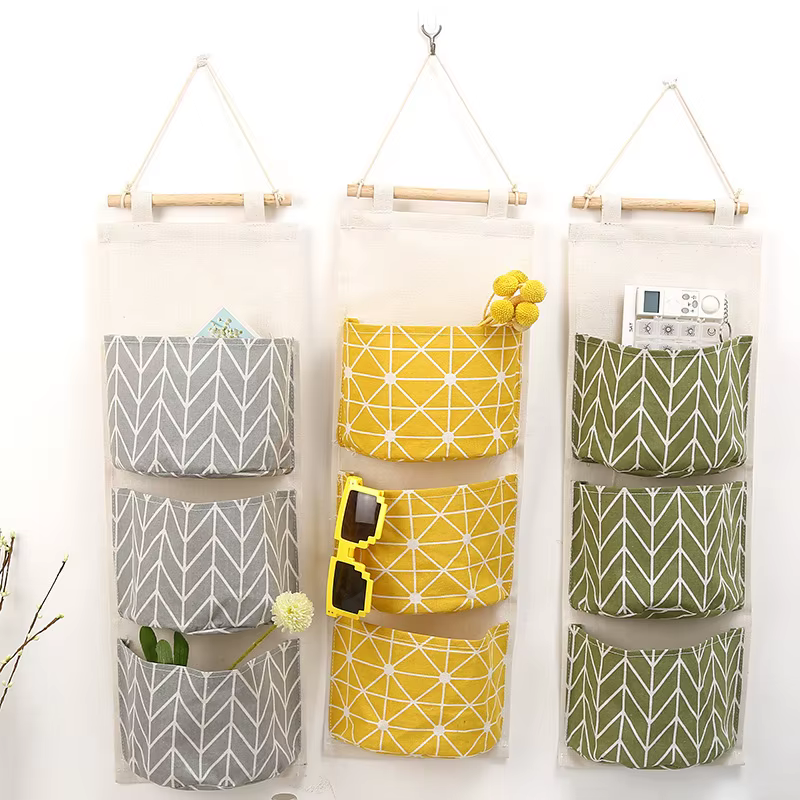Sac de rangement mural suspendu à trois poches, sac de rangement en coton et lin pour chambre à couc