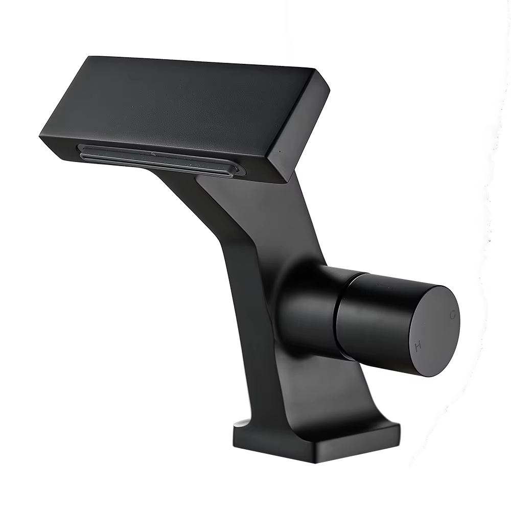 Robinet de salle de bains cascade en laiton gris pistolet, avec poignée unique, finition chromée noi