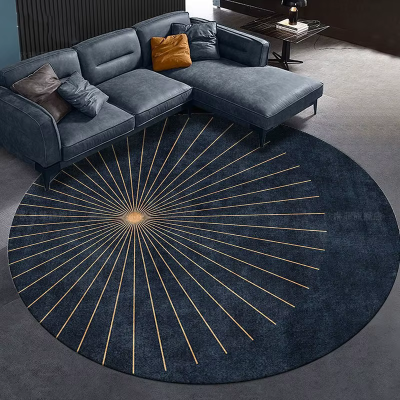 Tapis rond Mid-Century Sunburst bleu foncé et doré, géométrique, antidérapant, pour salons modernes