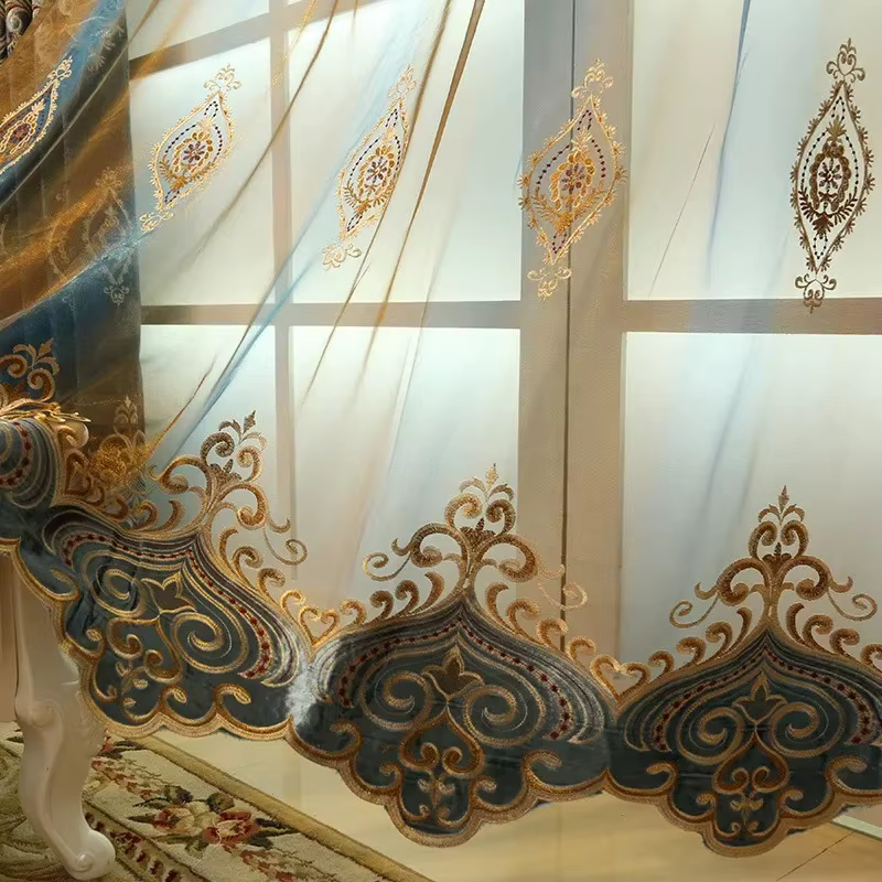 Rideaux de fenêtre en tissu Chenille bleu brodé lourd de luxe de Style européen pour salon chambre à