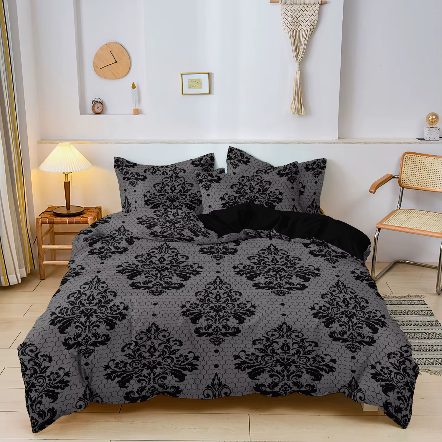 Housse de couette à motif damas noir sur fond gris (inclut 1 housse de couette et 2 taies d'oreiller