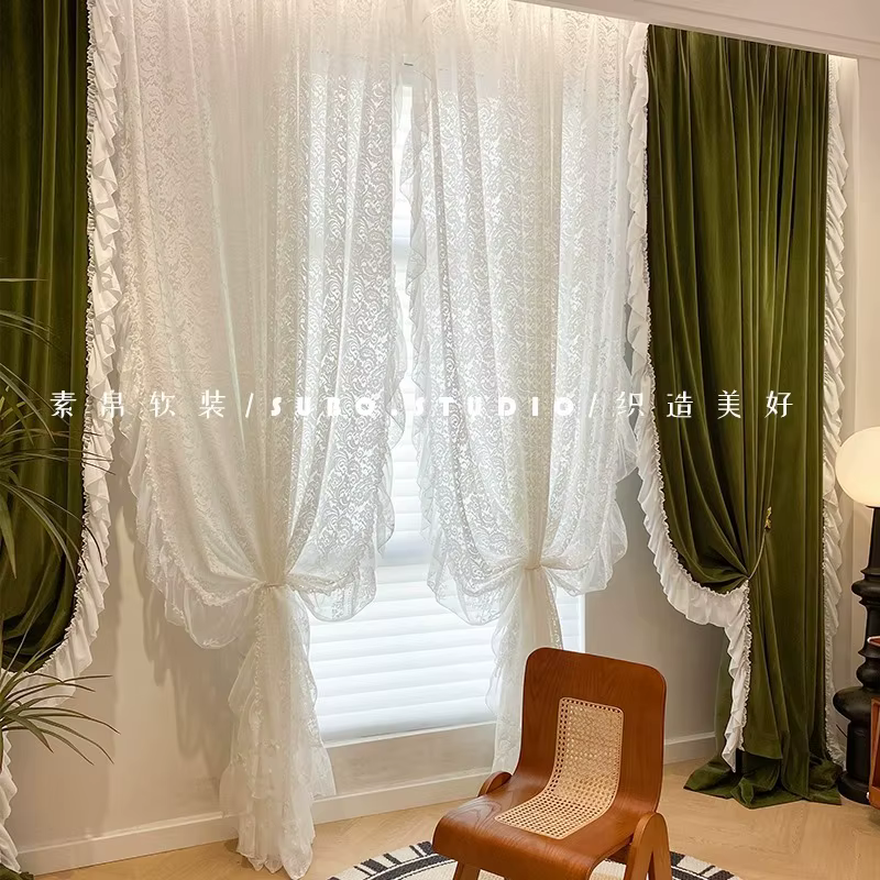 Rideaux verts Vintage français pour salon chambre à coucher, fenêtre flottante à volants en dentelle